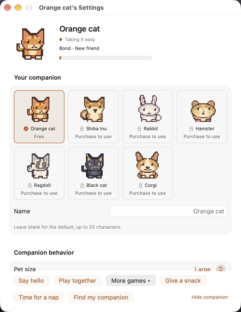 Actual DesktopPet settings, showing the companion picker and affection progress