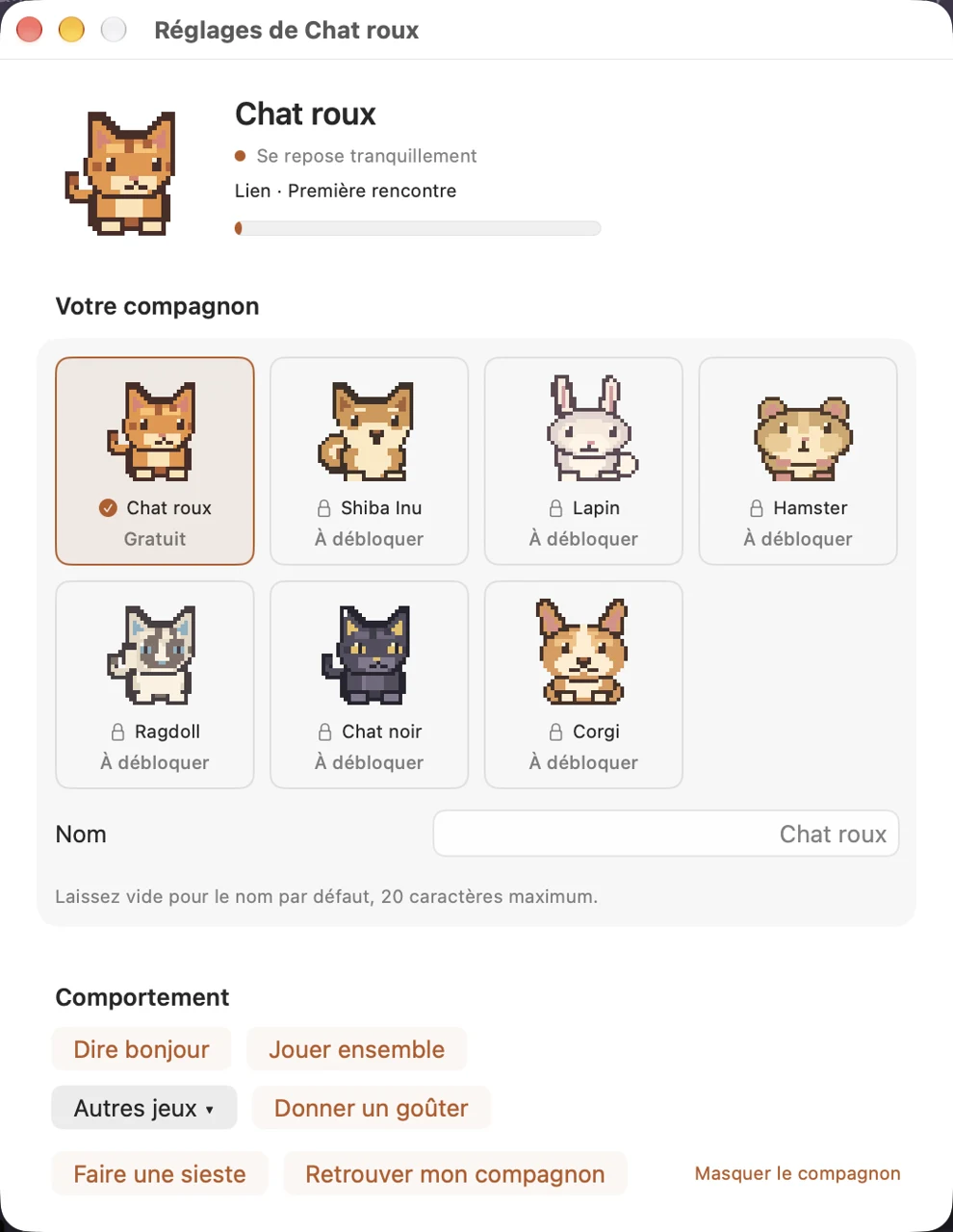 Vrais réglages de DesktopPet avec le choix du compagnon et la progression du lien